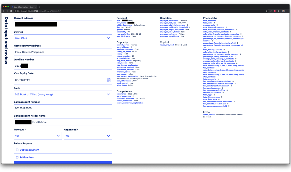 Screenshot of the client dashboard